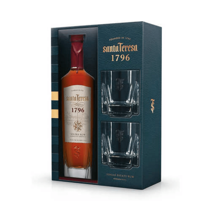 Santa Teresa 1796 Solera Rum 70cl from Venezuela presented in a beautiful gift set with 2 branded glasses.