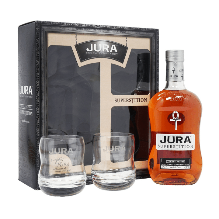 Isle of Jura Superstition Single Malt Scotch Whisky 70cl presented in a gift set with 2 beautiful glasses.