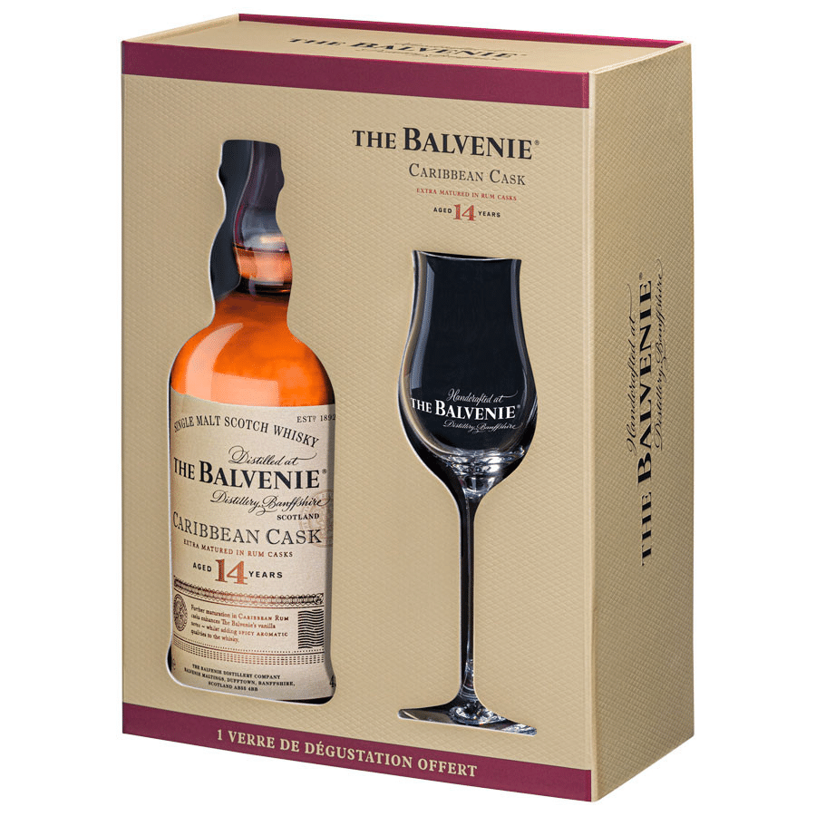 The Balvenie 14 Year Old Caribbean Cask 70 cl Gift Set. A Single Malt from Speyside, Scotland, presented with a beautiful drinking glass.